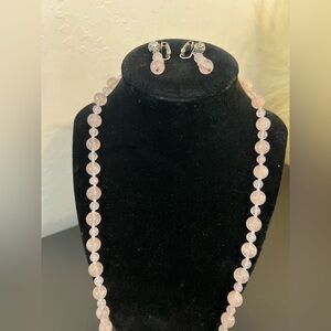 24 inch rose quartz necklace with matching clip back silver tone earrings